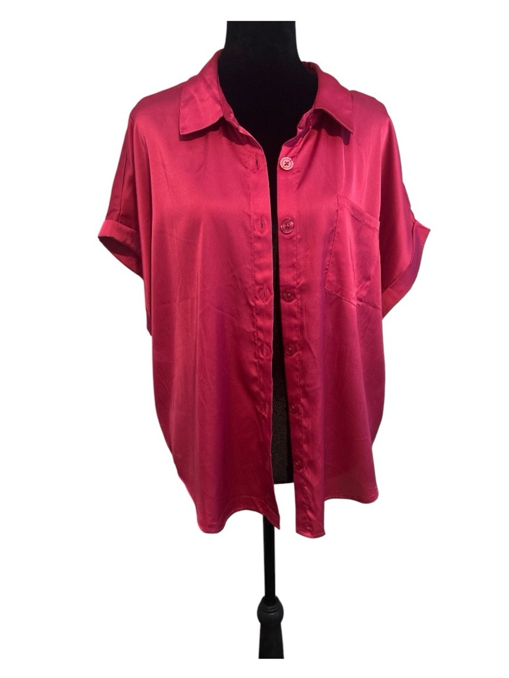 COMO BLACK Hot Pink Satin Button Up Blouse Y2K Glam Silky Oversized Shirt XL